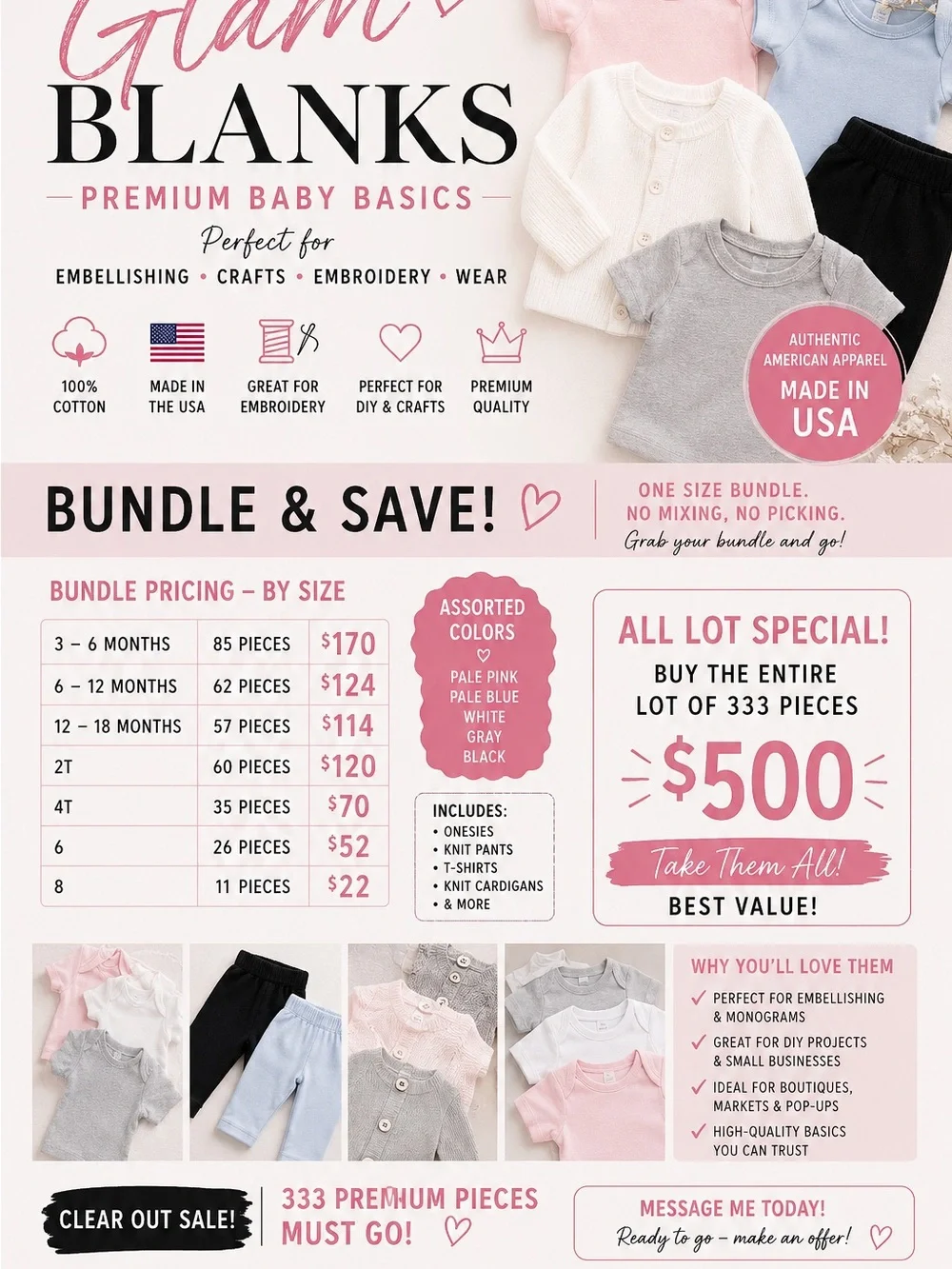 Premium Baby Basics Bundle - Assorted Pale Pink, Pale Blue, White, Gray, Black